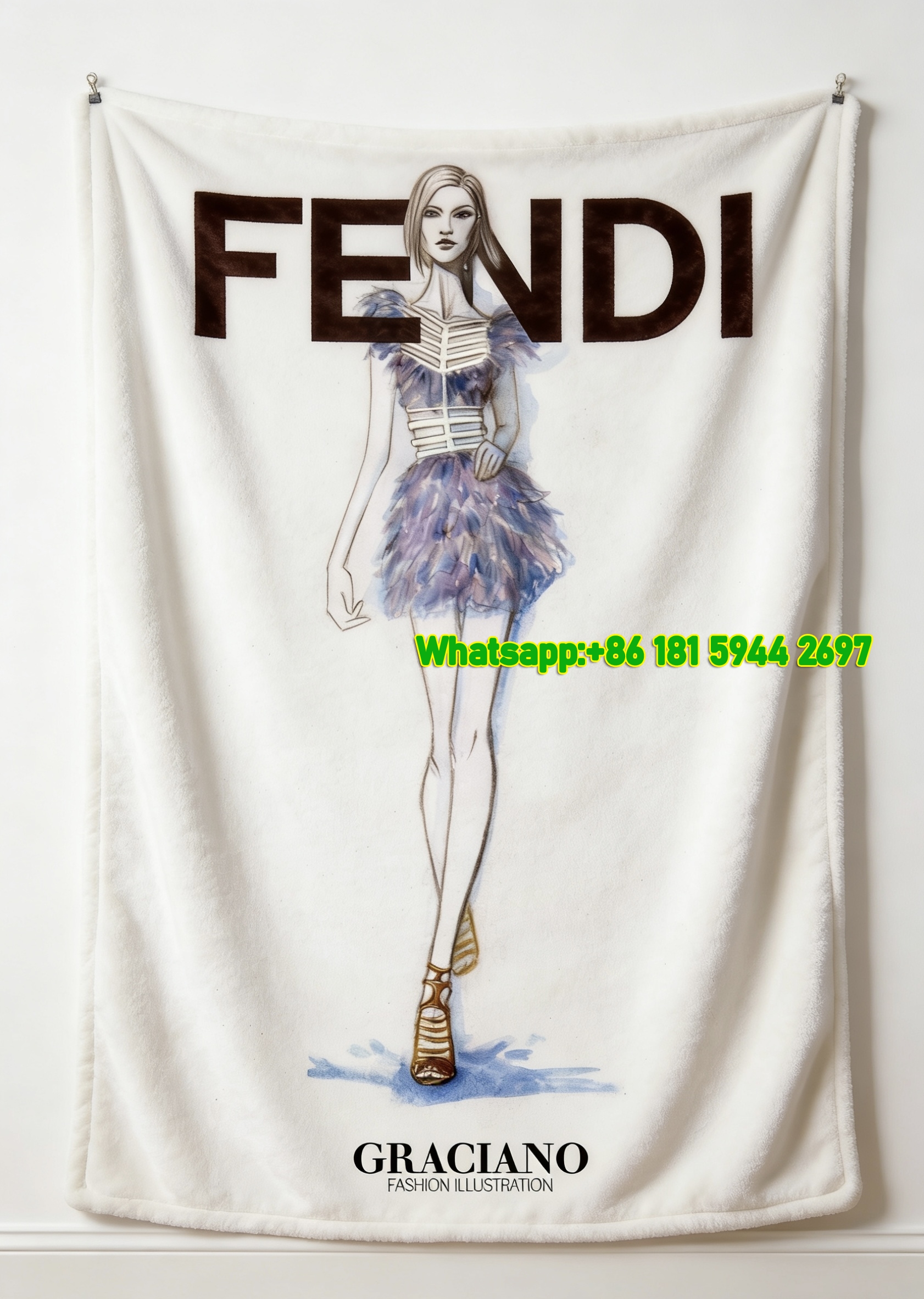Fendi Purple Feather Dress Fashion Sketch Flannel Throw Blanket IMG_9615